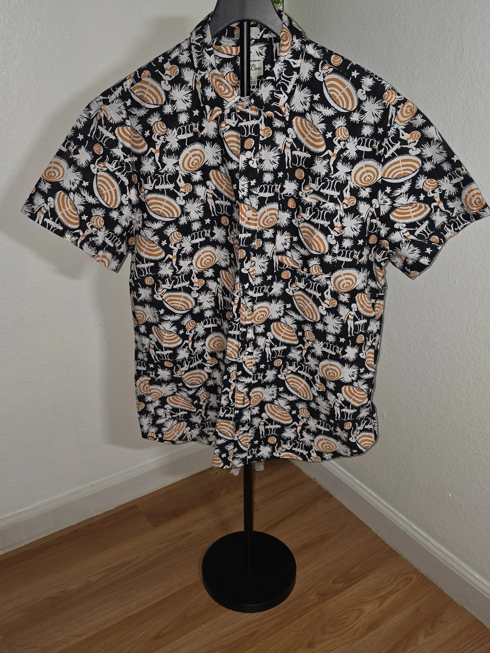 J. Crew Black Short-Sleeve Button-Down with Tan & White Tropical Print